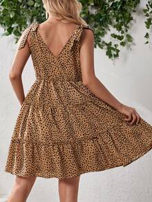 SHEIN 孕婦滿版印花肩上打結荷葉邊連衣裙 - 摩卡棕 - 查看 2