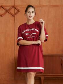 HARRY POTTER X SHEIN 大碼字母圖案落肩T恤連衣裙 - 酒紅色 - 查看 1