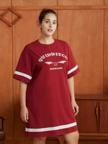 HARRY POTTER X SHEIN 大碼字母圖案落肩T恤連衣裙 - 酒紅色 - 查看 4
