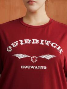 HARRY POTTER X SHEIN 大碼字母圖案落肩T恤連衣裙 - 酒紅色 - 查看 7