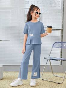 SHEIN Girls Letter Patched Detail Split Hem Tee & Trousers - Dusty Blue - View 1