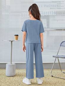 SHEIN Girls Letter Patched Detail Split Hem Tee & Trousers - Dusty Blue - View 2