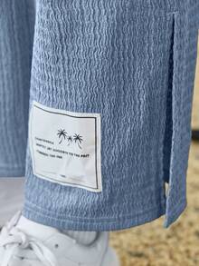 SHEIN Girls Letter Patched Detail Split Hem Tee & Trousers - Dusty Blue - View 3