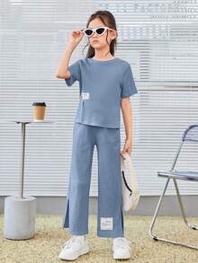 SHEIN Girls Letter Patched Detail Split Hem Tee & Trousers - Dusty Blue - View 5