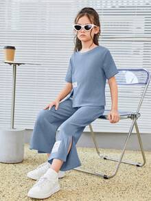 SHEIN Girls Letter Patched Detail Split Hem Tee & Trousers - Dusty Blue - View 6