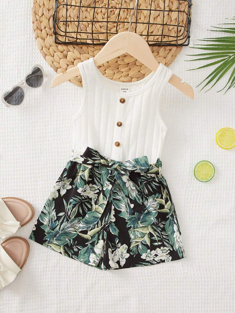 SHEIN Jumpsuit bé gái Thắt lưng Gân đan Nút phía trước Nhiệt đới Boho - trắng - Xem 1