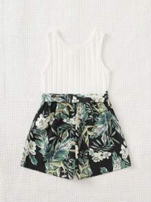 SHEIN Jumpsuit bé gái Thắt lưng Gân đan Nút phía trước Nhiệt đới Boho - trắng - Xem 2