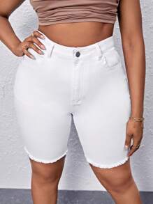 大碼毛邊牛仔短褲 - 白色 - 查看 2