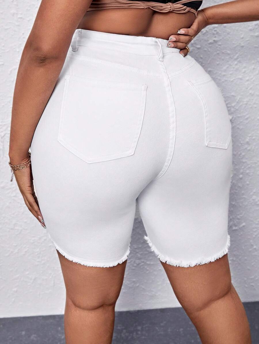 大碼毛邊牛仔短褲 - 白色 - 查看 1