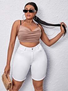 大碼毛邊牛仔短褲 - 白色 - 查看 3