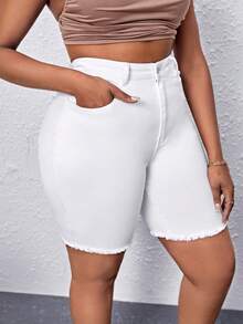 大碼毛邊牛仔短褲 - 白色 - 查看 5