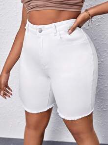 大碼毛邊牛仔短褲 - 白色 - 查看 6