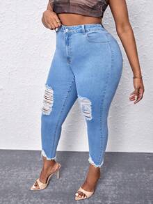 Plus Ripped Raw Cut Skinny Jeans - Light Wash - View 3