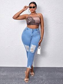 Plus Ripped Raw Cut Skinny Jeans - Light Wash - View 4