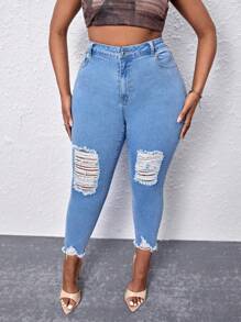Plus Ripped Raw Cut Skinny Jeans - Light Wash - View 5