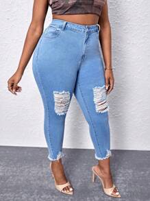 Plus Ripped Raw Cut Skinny Jeans - Light Wash - View 2