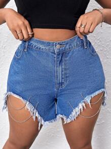 SHEIN SXY Hơn Chi tiết chuỗi Raw Hem Quần short Denim - Rửa trung bình - Xem 1