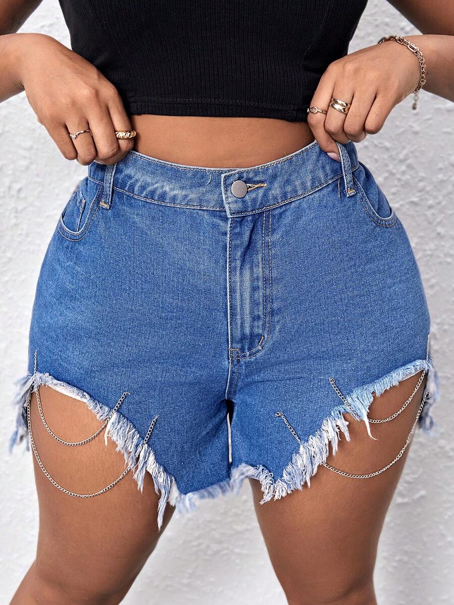 SHEIN SXY Hơn Chi tiết chuỗi Raw Hem Quần short Denim - Rửa trung bình - Xem 1