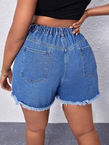 SHEIN SXY Hơn Chi tiết chuỗi Raw Hem Quần short Denim - Rửa trung bình - Xem 2