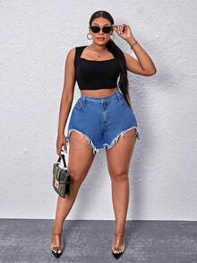 SHEIN SXY Hơn Chi tiết chuỗi Raw Hem Quần short Denim - Rửa trung bình - Xem 3
