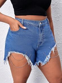 SHEIN SXY Hơn Chi tiết chuỗi Raw Hem Quần short Denim - Rửa trung bình - Xem 4