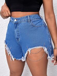 SHEIN SXY Hơn Chi tiết chuỗi Raw Hem Quần short Denim - Rửa trung bình - Xem 5