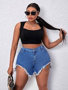 SHEIN SXY Hơn Chi tiết chuỗi Raw Hem Quần short Denim - Rửa trung bình - Xem 6