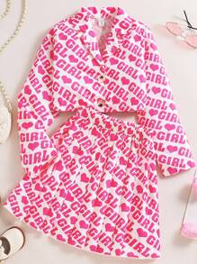 SHEIN 女大童滿版字母圖案短版西裝帶百褶半身裙 - 彩色 - 查看 1