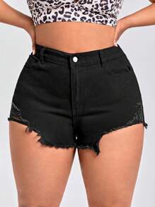 SHEIN SXY Plus Ripped Raw Hem Denim Shorts - Black - View 2