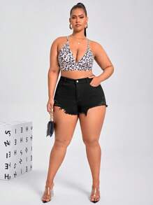 SHEIN SXY Plus Ripped Raw Hem Denim Shorts - Black - View 5