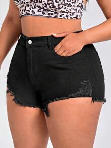 SHEIN SXY Plus Ripped Raw Hem Denim Shorts - Black - View 1