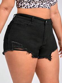 SHEIN SXY Plus Ripped Raw Hem Denim Shorts - Black - View 3