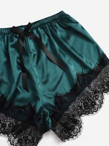 5pcs Contrast Eyelash Lace Bow Detail Belted Satin PJ Set / Pajama Set, Fall Winter Clothes