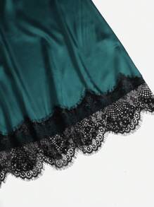 5pcs Contrast Eyelash Lace Bow Detail Belted Satin PJ Set / Pajama Set, Fall Winter Clothes