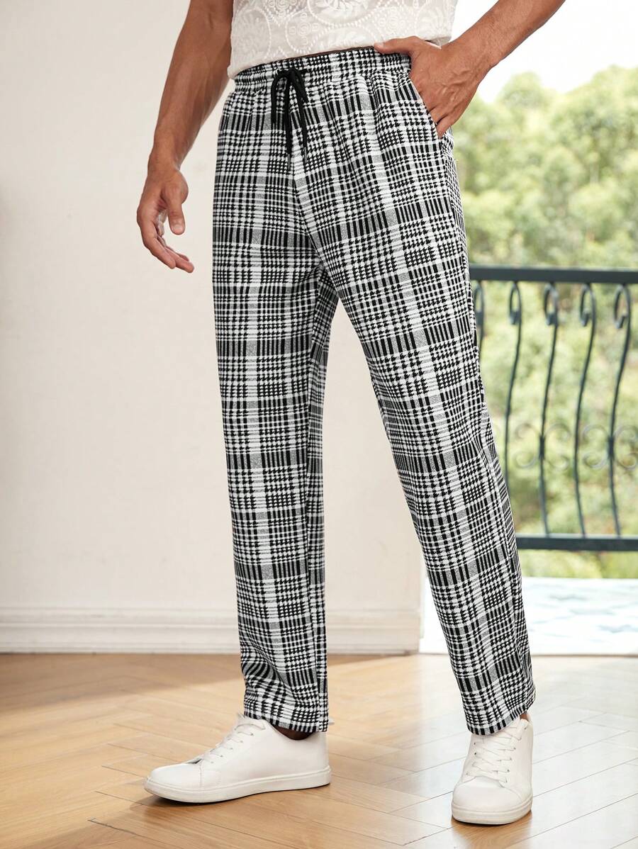 Manfinity Homme 男士格紋腰部抽繩長褲