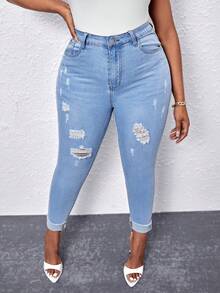 SHEIN SXY Plus High Waist Ripped Skinny Jeans - Light Wash - View 2