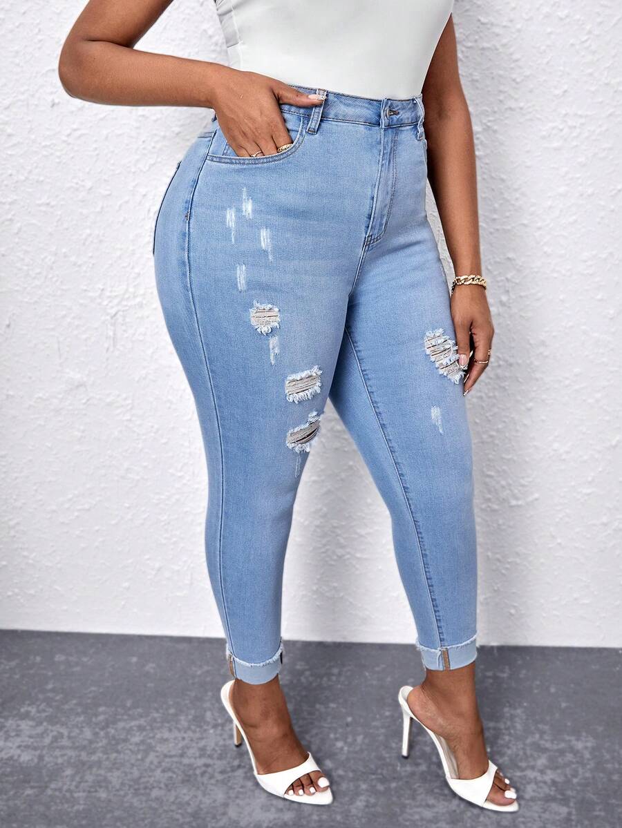 SHEIN SXY Plus High Waist Ripped Skinny Jeans - Light Wash - View 1
