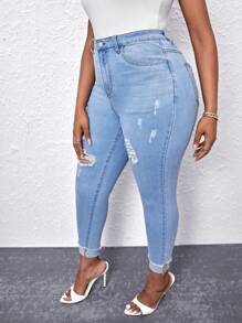 SHEIN SXY Plus High Waist Ripped Skinny Jeans - Light Wash - View 5