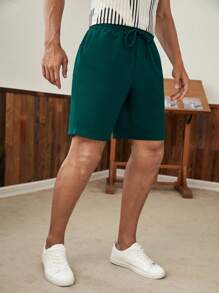 Manfinity VCAY 男士腰部抽繩素色短褲 - 墨綠色 - 查看 4