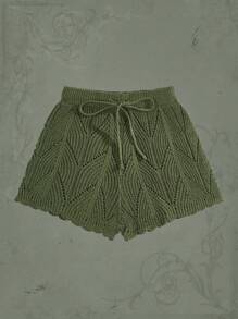 ROMWE Hippie Summer Drawstring Waist Pointelle Crochet Knit Shorts - Army Green - View 5
