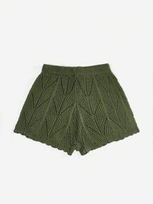 ROMWE Hippie Summer Drawstring Waist Pointelle Crochet Knit Shorts - Army Green - View 2