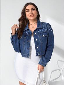 Plus Pearl Beaded Flap Pocket Crop Denim Jacket - Dark Wash - View 1