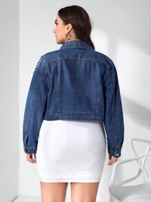 Plus Pearl Beaded Flap Pocket Crop Denim Jacket - Dark Wash - View 2