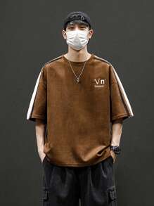 男士字母刺繡拼接側邊接縫T恤 - 咖啡棕 - 查看 1