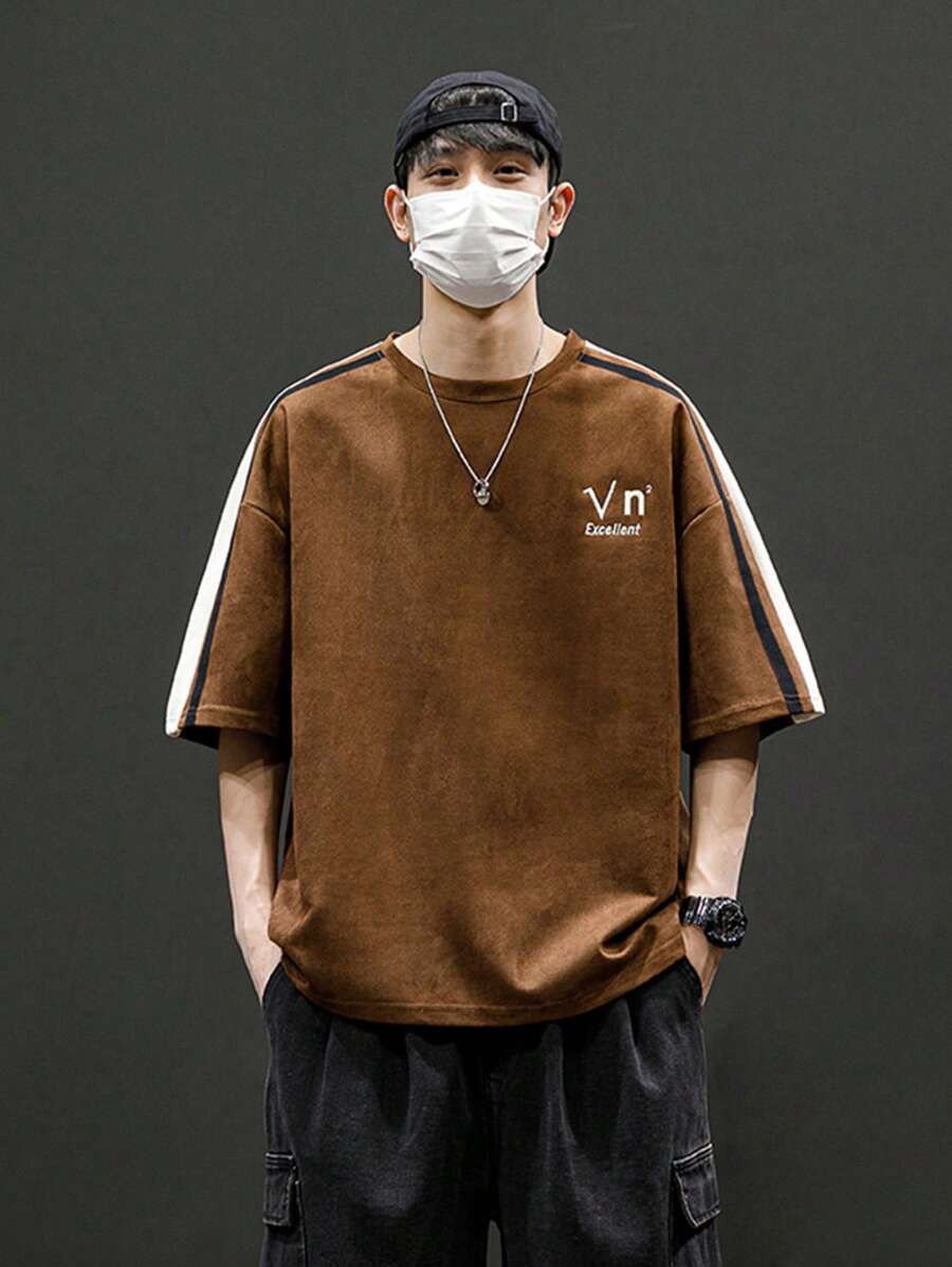 男士字母刺繡拼接側邊接縫T恤 - 咖啡棕 - 查看 1