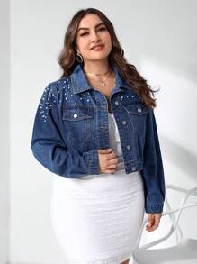 Plus Pearl Beaded Flap Pocket Crop Denim Jacket - Dark Wash - View 6