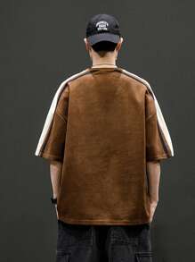 男士字母刺繡拼接側邊接縫T恤 - 咖啡棕 - 查看 2