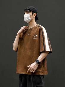 男士字母刺繡拼接側邊接縫T恤 - 咖啡棕 - 查看 3