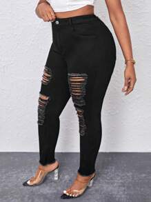 Talla grande Jeans ajustados desgarro bajo crudo - Negro - Ver 1