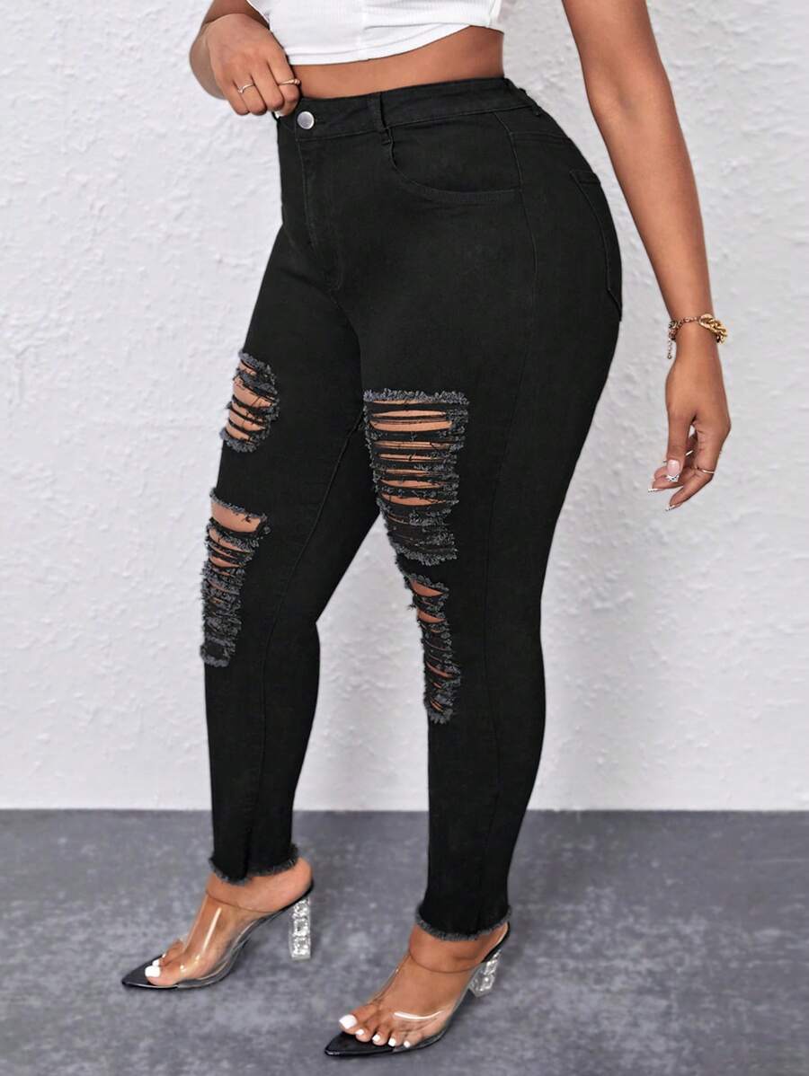 Talla grande Jeans ajustados desgarro bajo crudo - Negro - Ver 1